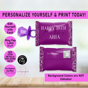 Purple RING POP wrapper label, Purple on Purple Glitter ANY Age Birthday ringpop, editable Ring Pop template, Treat Favor, Glam, Teen, B31