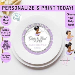 Glitter & Pearls Lavender Princess Charger Plate Insert, EDITABLE Baby Shower Charger plate, 6", 7", 8" Insert, Girl baby shower, Purple,A09