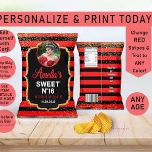 ANY AGE Designer Birthday EDITABLE Chip Bag, Any Color and gold, Glam, Chip bag Wrapper, Birthday Favor Chip, Gold Glitter, teen, C24