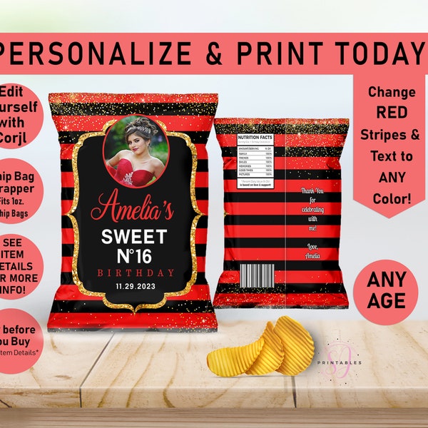 ANY AGE Designer Birthday EDITABLE Chip Bag, Any Color and gold, Glam, Chip bag Wrapper, Birthday Favor Chip, Gold Glitter, teen, C24