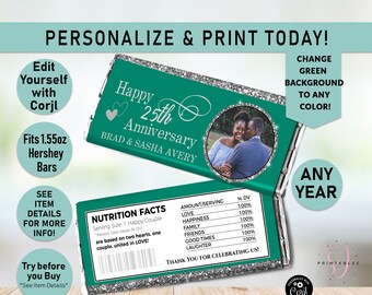 Silver and ANY COLOR Wedding Anniversary EDITABLE Hershey Candy Bar Wrappers, Chocolate Candy label, Anniversary Favor, Candy wrapper, WW3