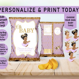 Printable Chip Bags,Princess EDITABLE Chip Bag,Baby Shower,Chip bag Wrapper,Oh Baby,Purple Lilac Lavender,Gold,Girl, African American, A02