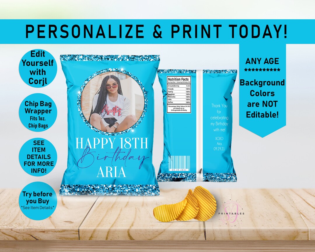Light Blue on Blue Glitter ANY AGE Birthday EDITABLE Birthday Chip Bag Wrapper, Favor Bags