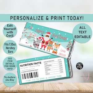 Teal and Pink African American Santa Christmas Hershey candy bar wrapper label, Editable chocolate label, candy wrapper, Christmas, H05