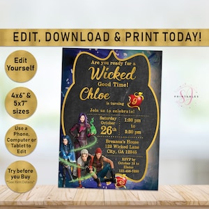 Descendants invitation, descendants birthday, descendants birthday party, descendants invite, descendants 3 invitations, printable, D01