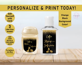 Stepping into ANY AGE Gold Glitter Hand Sanitizer Bottle Label,Hand Sanitizer EDITABLE Labels, Birthday, Adult, Women, Heels, Printable, y02