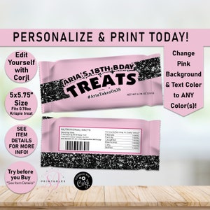 Rice Krispies TREAT labels, Black Glitter and ANY other Color ANY Age Birthday Rice Krispie Treats wrapper, Treat Favor, Glam, Teen, B38