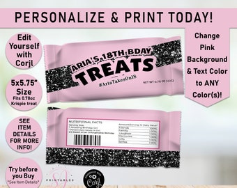 Pode incluir: Design de saco de guloseimas imprimível em rosa e preto com o texto "ARIA'S 18TH BDAY TREATS #AriaTakesOn18" e um rótulo de informações nutricionais. O saco mede 5,75 polegadas por 5,75 polegadas e cabe uma guloseima Krispie de 0,78 onças.