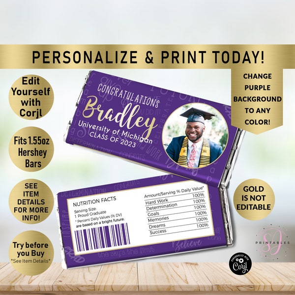 Gold Foil and ANY other COLOR Graduation EDITABLE Chocolate Wrappers, Grad Favors, Class of 2024, Party Favors, Candy Label, 2024, Grad, G08