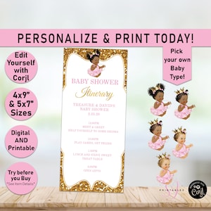 Baby shower Itinerary, Princess Baby Shower Itinerary, Gold Glitter, Printable Itinerary template, order of events, schedule,Pink, Girl, A01