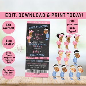 Basketball Gender Reveal invitation, Free Throws or Pink bows gender reveal party ticket, he or she Pink or Blue, Baby, Afro Puffs, R05