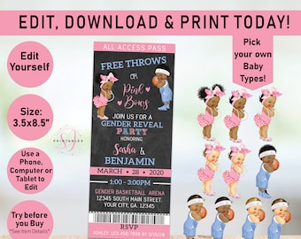 Basketball Gender Reveal invitation, Free Throws or Pink bows gender reveal party ticket, he or she Pink or Blue, Baby, Afro Puffs, R05
