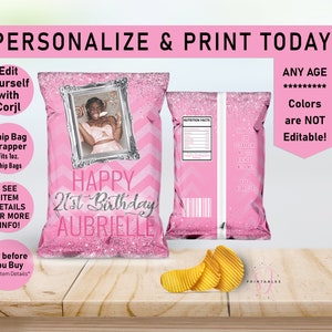 Shimmery Silver Glitter and Pink Birthday Chip Bag Wrapper, ANY AGE, Favor Bags, Birthday, Photo Chip Bag, Teen, Chevron, Printable, Y21