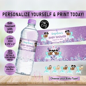 May include: Water bottle labels with a purple glitter background and a mermaid theme. The labels feature a mermaid with a crown and a baby shower announcement. The text on the label reads "Angelina's Baby Shower August 31, 2023".