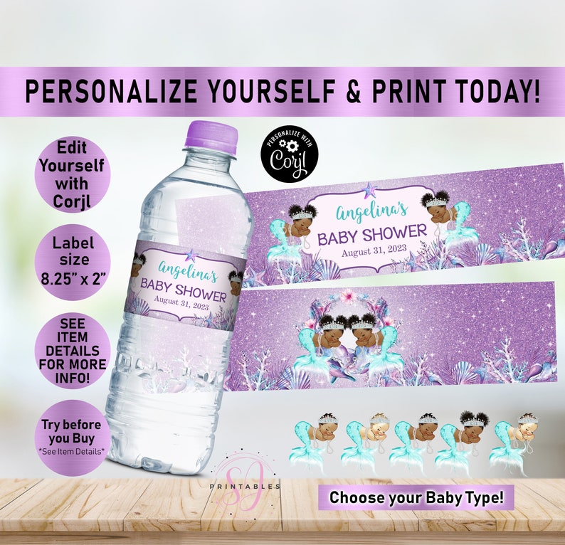 May include: Water bottle labels with a purple glitter background and a mermaid theme. The labels feature a mermaid with a crown and a baby shower announcement. The text on the label reads "Angelina's Baby Shower August 31, 2023".