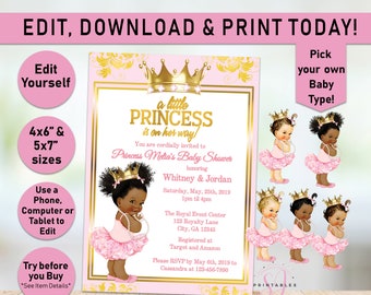 Ballerina Princess Baby Shower Invite, Baby Shower Invitation, Little Princess, Queen, Gold, Pink, afro puffs, Girl, Tutu, Editable P01