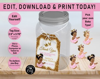 May include: A printable thank you tag for a baby shower. The tag is gold with glitter and features a crown and a baby girl in a pink tutu. The text on the tag reads "Thank You for celebrating with me! Ashley's Baby Shower Feb. 23, 2019".