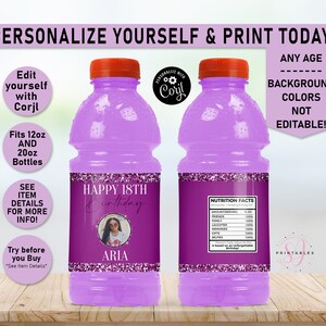 May include: Two purple 12oz or 20oz water bottles with personalized labels. The labels are purple with glitter and say "Happy 18th Birthday" with a photo of a girl and the name "Aria".