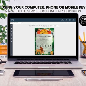 May include: A laptop computer displaying a printable invitation for a "Little King" themed party. The invitation features a jungle scene with Simba from the Lion King movie. The text on the invitation reads "Ashley & Bradley, King Event".