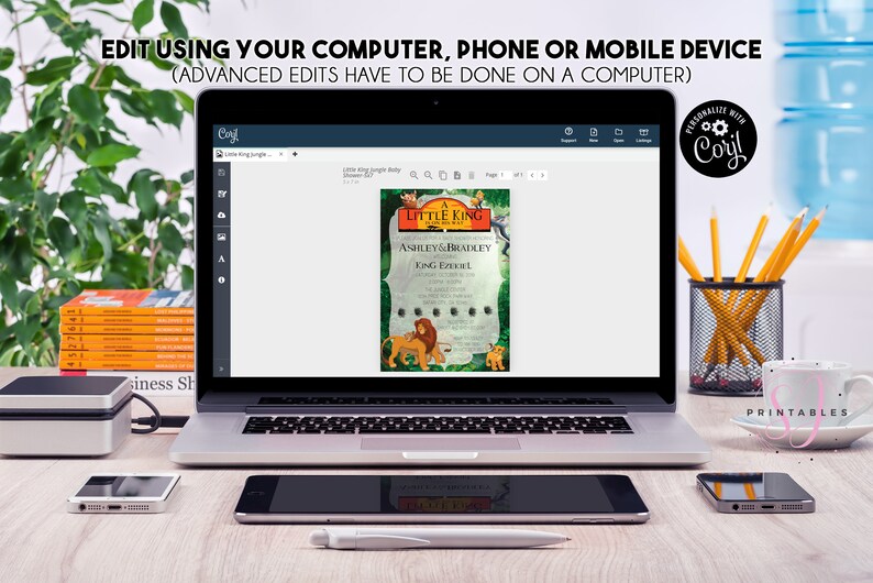May include: A laptop computer displaying a printable invitation for a "Little King" themed party. The invitation features a jungle scene with Simba from the Lion King movie. The text on the invitation reads "Ashley & Bradley, King Event".