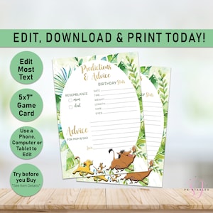 Lion King baby shower predictions and advice game card, baby shower predictions advice, Lion, Editable baby shower game template, Simba, L01