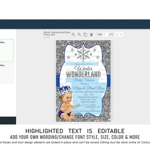 May include: A blue and silver baby shower invitation with a snowflake design. The invitation says "Please join us for a Winter Wonderland Baby Shower" and includes the names "Mya & Brad Ross".