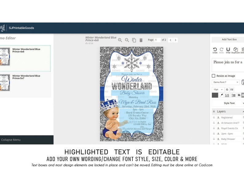 May include: A blue and silver baby shower invitation with a snowflake design. The invitation says "Please join us for a Winter Wonderland Baby Shower" and includes the names "Mya & Brad Ross".