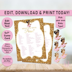 What&#39;s In Your Purse Baby Shower Game, Whats In Your Purse, Princess Purse Game, Princess Baby game, Activity, Pink, Gold, Girl, Puffs, A01