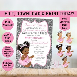 Tutus & Tiaras Baby Shower Invitation, Pink Silver Baby Shower Invite, Little Princess, Silver Glitter, Diamonds, Pearls, Afro, Girl, A03