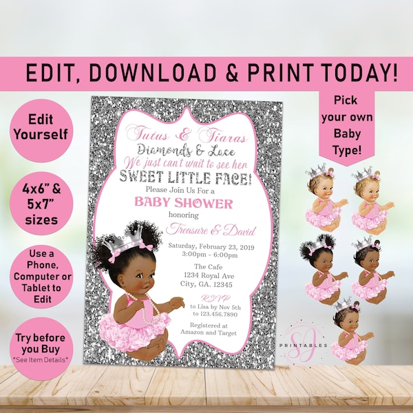 Tutus & Tiaras Baby Shower Invitation, Pink Silver Baby Shower Invite, Little Princess, Silver Glitter, Diamonds, Pearls, Afro, Girl, A03