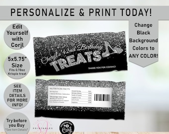 Pode incluir: Um embrulho de guloseima Krispie de 0,78 onças, de cor preta e prateada com textura de glitter. O embrulho tem um design prateado com o texto "Cheryl's 42nd Birthday Treats" e um gráfico de sapato de salto alto prateado. O texto "Obrigado por vir!" está impresso em prateado na parte inferior do embrulho.