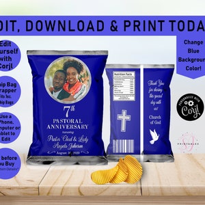 Pastoral Anniversary Silver and ANY COLOR EDITABLE Chip Bag, Pastor, First Lady, Church, Chip Bag, Favor, Chip Label Wrapper, Printable, CC3