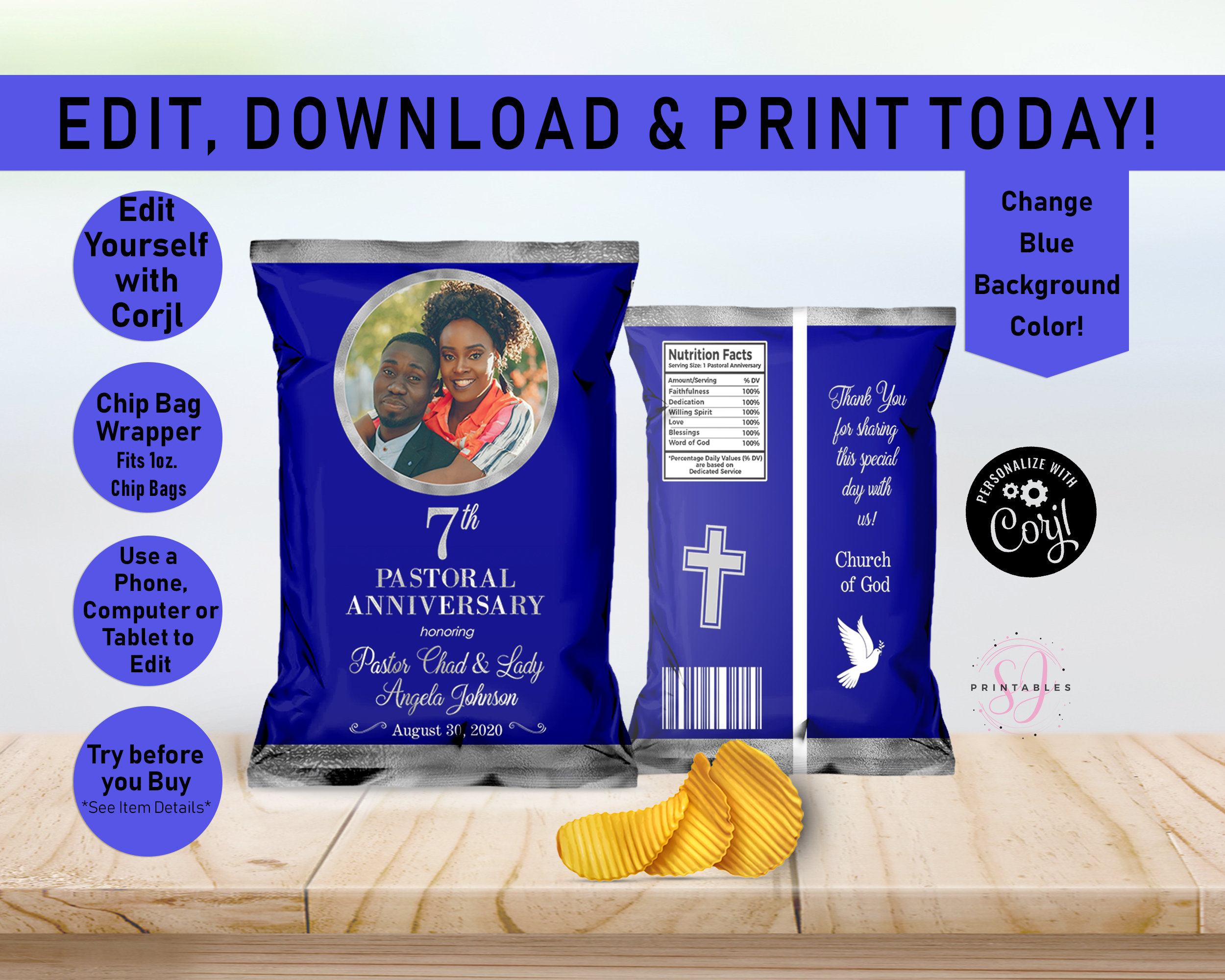 Pastoral Anniversary Silver and ANY COLOR EDITABLE Chip Bag, Pastor, First Lady, Church, Chip Bag, Favor, Chip Label Wrapper, Printable, CC3