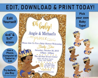 Oh Baby Royal Blue Gold Prince Baby Shower Invitation, Little Prince Invitation, Sneakers, Shoes, Boy, Baby Shower, Printable A20
