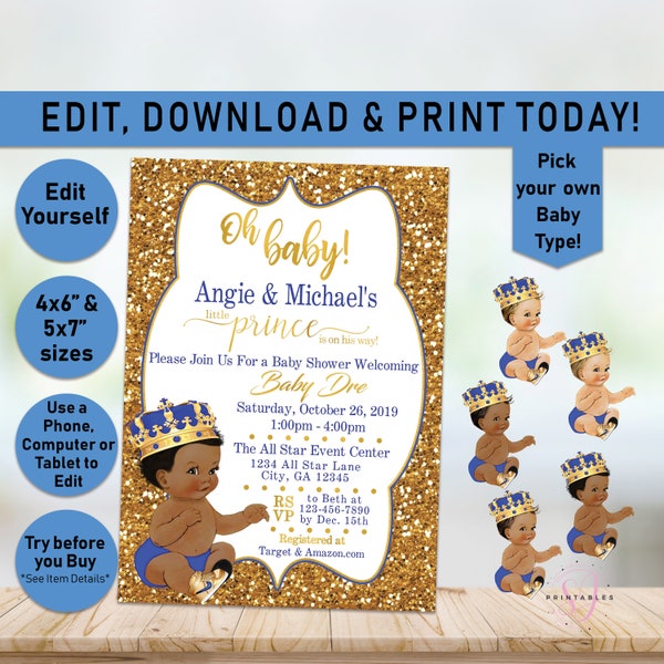 Oh Baby Royal Blue Gold Prince Baby Shower Invitation, Little Prince Invitation, Sneakers, Shoes, Boy, Baby Shower, Printable A20