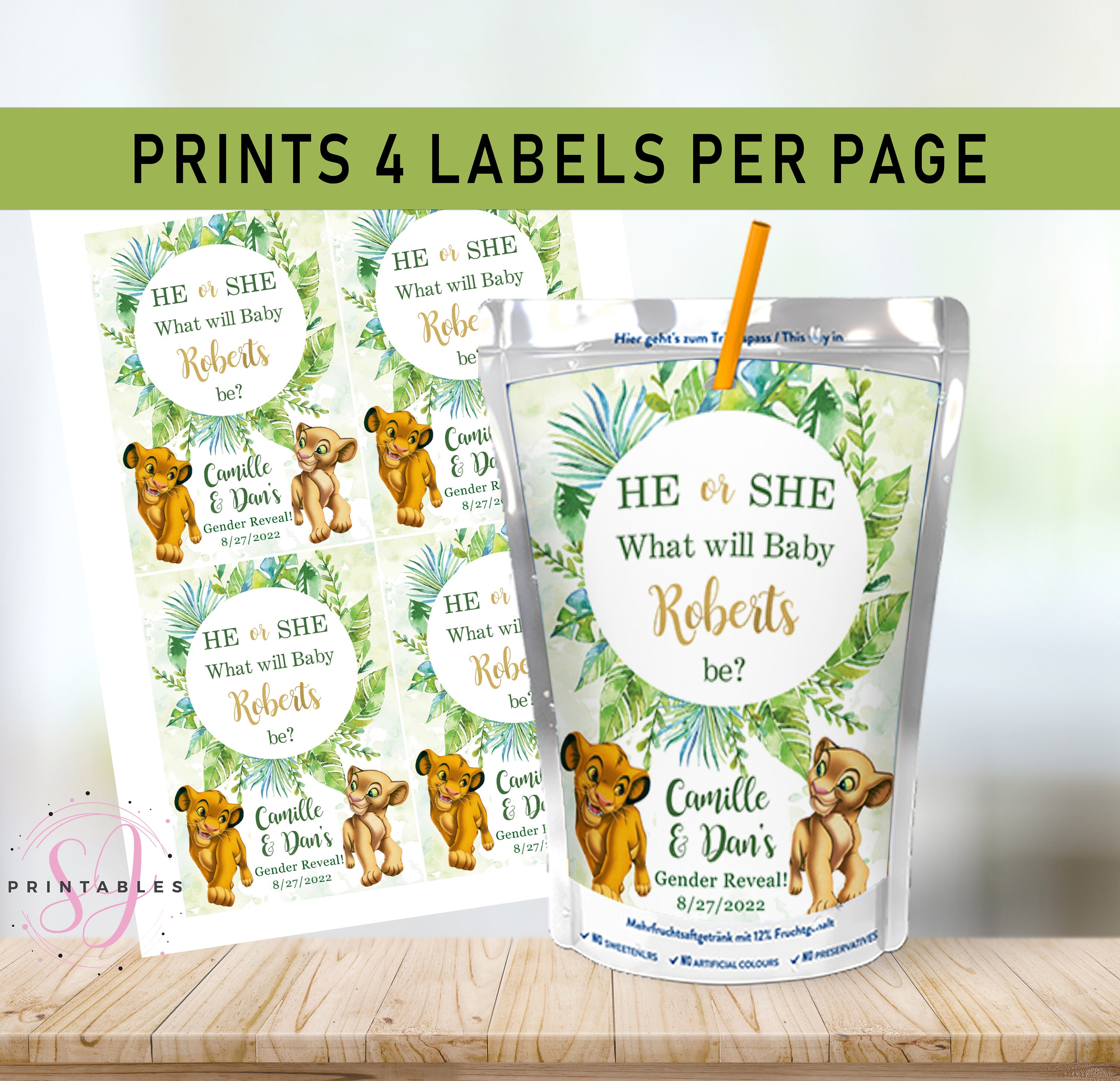 Lion King Simba Nala Juice Pouch Labels, Gender Reveal, Juice Labels ...