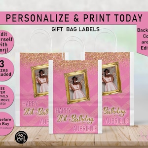 Shimmery Gold Glitter and Pink ANY AGE Birthday Gift Bag Label, Gift Bag Labels, Favor Bag label, Goodie bags, Sparkle, Birthday, Teen, Y20