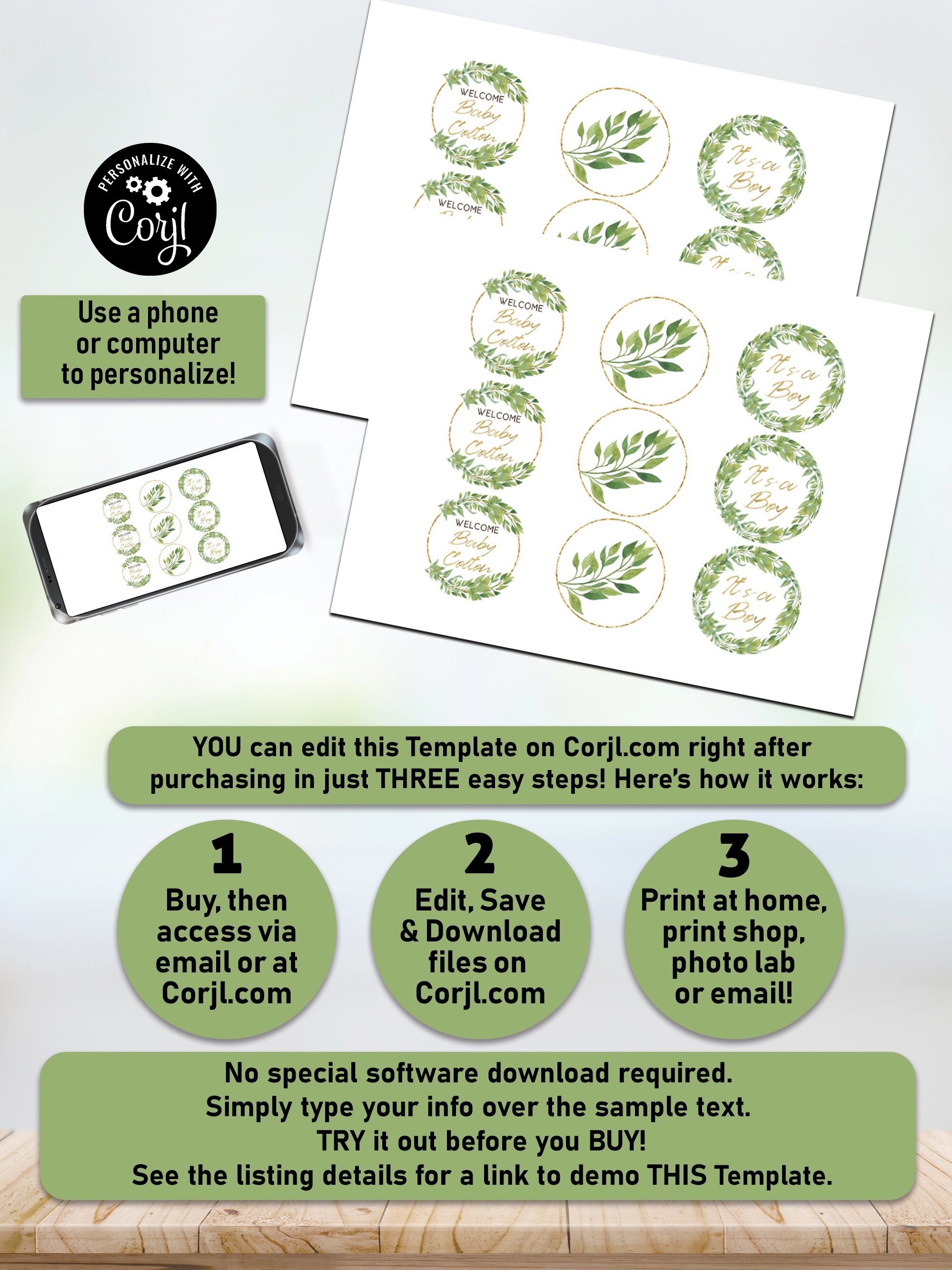 Greenery Baby Shower Cupcake Toppers Rustic Printable Cupcake | Etsy