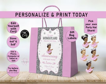 Gift Bag Labels,Winter Wonderland PINK and SILVER Princess EDITABLE Baby Shower Labels,Favor Bag label,Goodie bags,Princess,Girl, Z02