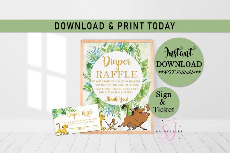 lion king baby shower editable diaper raffle sign and card