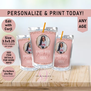 May include: Printable juice box labels with a pink glitter background and a photo of a person. The labels say "Happy 18th Birthday Aria" and "#ArialakesOn18".