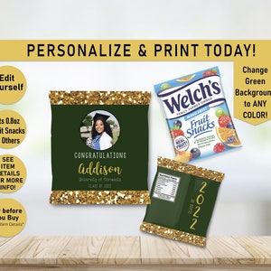 Gold Glitter and ANY COLOR Graduation Fruit Snacks wrapper, 2025 Graduate snacks, Graduation Party, Grad Favors, Labels, Party Snacks, G11