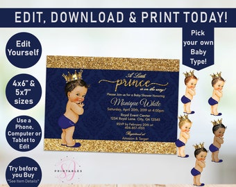 Prince Baby Shower Invitation Template, Gold and Navy Blue Baby Shower, Baby, Printable, Crown, Royal Baby Shower, African American O04