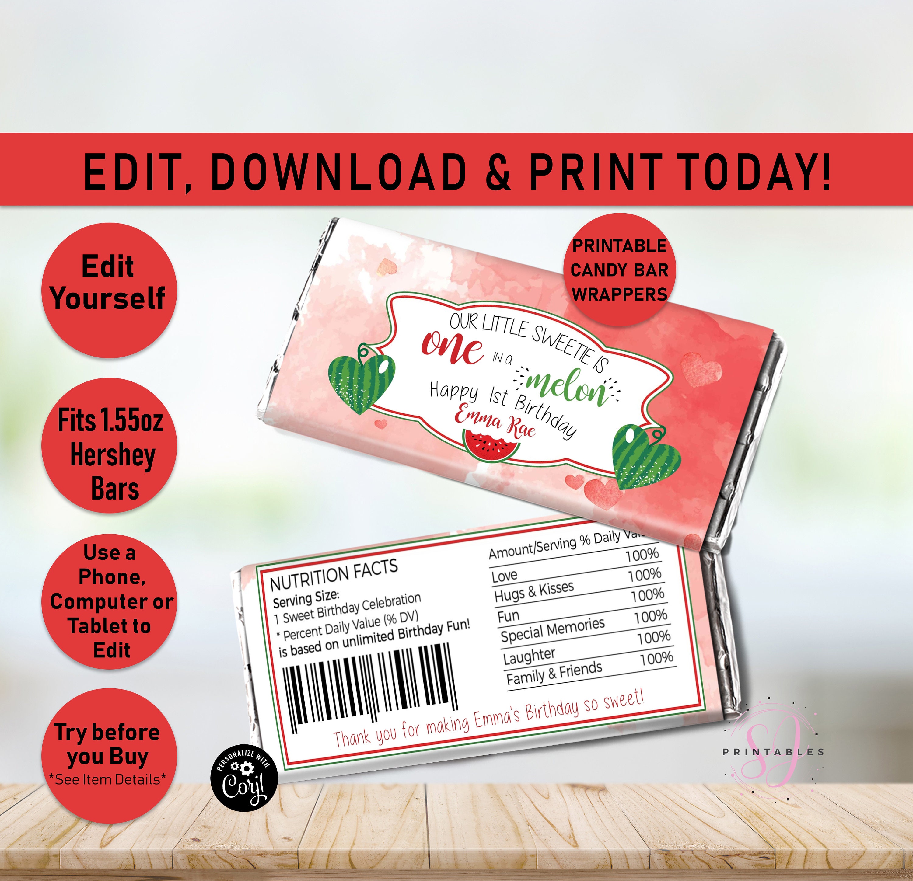 Watermelon Candy Bar WRAPPER Birthday Candy Wrapper One in a Etsy