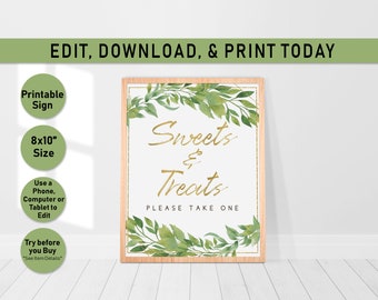 Greenery Gold Baby shower Sweets and treats table sign, food table sign, rustic favor table sign, baby shower decoration, printable, J01