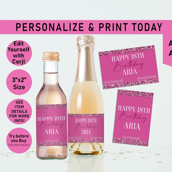 Pink on Pink Glitter ANY AGE Birthday Mini Wine Bottle Labels, Wine Labels, Champagne, Adult Birthday, Apple Cider Bottle Labels, Glam, B30
