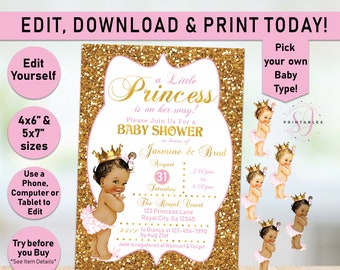 Little Princess Baby Shower Invitation Princess Invitation Pink and Gold Self-Editing Printable African American Princess Royal Invite B01