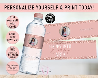 Rose Gold on Rose Gold Glitter ANY AGE Birthday EDITABLE water bottle labels,Water Wrapper,Adult, Woman, Sparkle, Glam, Teen, Printable, B35