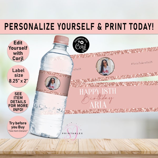 Rose Gold on Rose Gold Glitter ANY AGE Birthday EDITABLE water bottle labels,Water Wrapper,Adult, Woman, Sparkle, Glam, Teen, Printable, B35