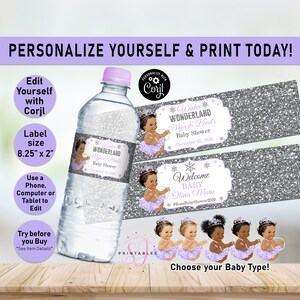 Winter Wonderland Baby Shower,Water Bottle Labels,Purple Girl Winter Wonderland,Snowflake,Baby Shower,Label,African American Baby Girl,Z04